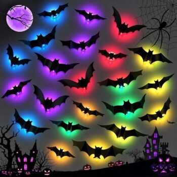 24PCS LED Bat Halloween Decorations, 3D Light Up Bats Lights Wall Decor